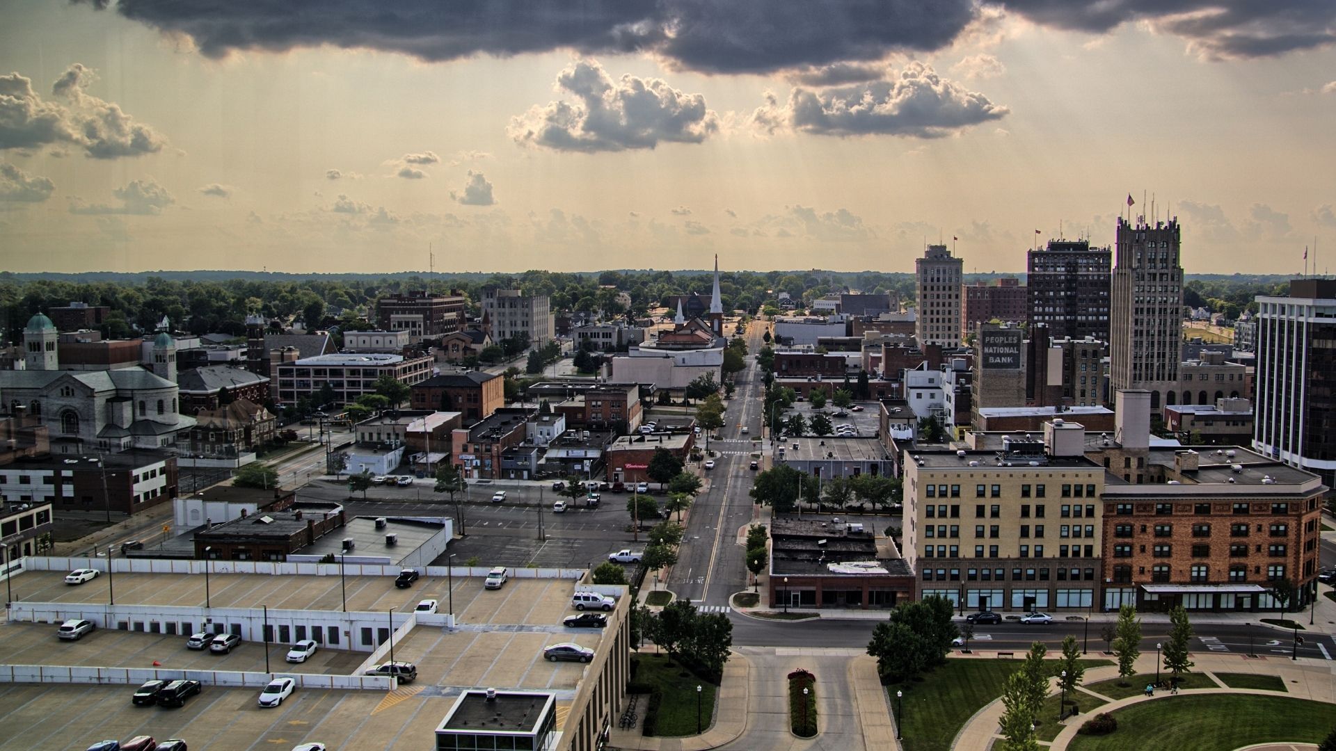 Aerial view of a small city downtown with mid-rise buildings