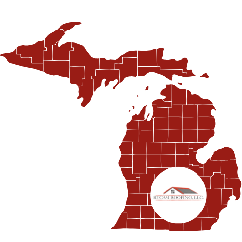 Red map of Michigan with county borders outlined; a circular logo labeled "Rycash Roofing LLC" is placed over the lower central region of the state.