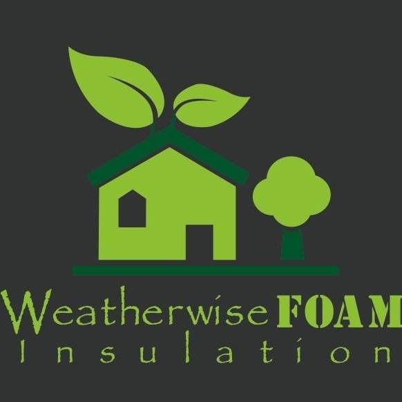 Logo for Weatherwise Foam Insulation featuring a green house with leaves on the roof and a tree beside it.